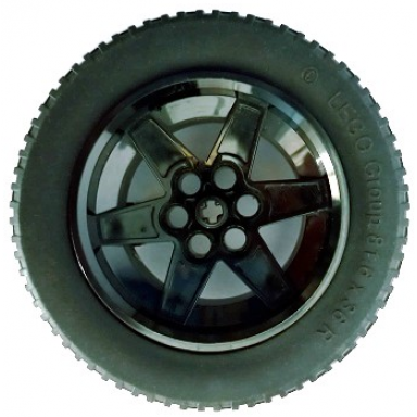 black wheel 56mm d x 34mm technic racing medium 6 pin holes with black tire 81.6 x 36 r technic straight tread 15038 x1825