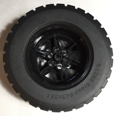 black wheel 56mm d x 34mm technic racing medium 6 pin holes with black tire 94.3 x 38 r 15038 92912