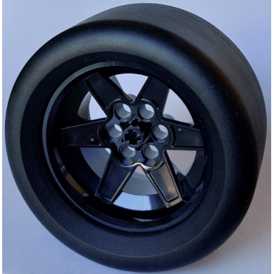 black wheel 56mm d x 34mm technic racing medium 6 pin holes with black tire 81.6mm d x 44mm smooth 15038 4410