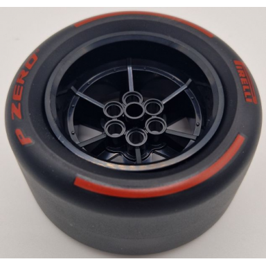 black wheel 56mm d x 34mm technic racing medium 6 pin holes with black tire 81.6mm d x 44mm smooth with red pirelli p zero and arcs pattern 15038 4410pb01