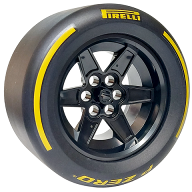 black wheel 56mm d x 34mm technic racing medium 6 pin holes with black tire 81.6mm d x 44mm smooth with yellow pirelli p zero and arcs pattern 15038 4410pb02