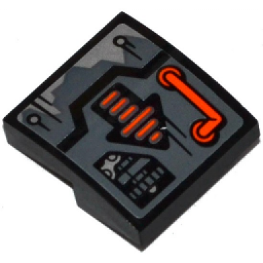 black slope curved 2 x 2 x 2 3 with orange handle orange and black arrow and open hatch with sprockets and chain pattern sticker - set 70601
