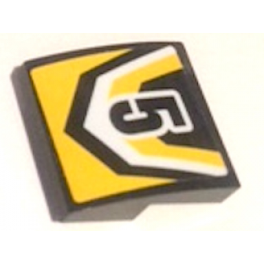 black slope curved 2 x 2 x 2 3 with black number 5 and yellow and black pattern sticker - set 60148