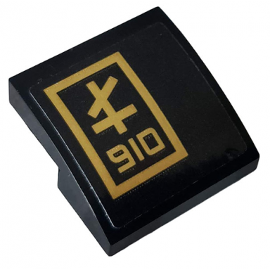 black slope curved 2 x 2 x 2 3 with gold 910 and ninjago logogram letter l in rectangle pattern model left side sticker - set 70612