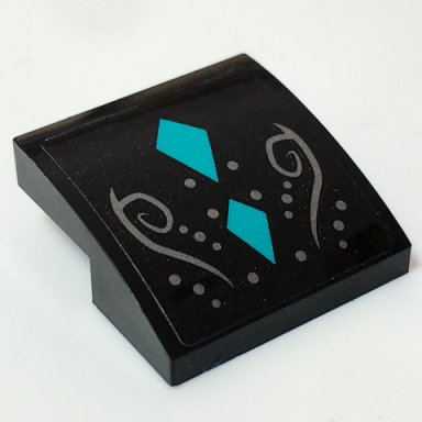 black slope curved 2 x 2 x 2 3 with 2 dark turquoise diamonds silver dots and swirls pattern sticker - set 41196