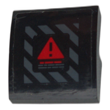 black slope curved 2 x 2 x 2 3 with red warning triangle on dark bluish gray danger stripes pattern sticker - set 70923