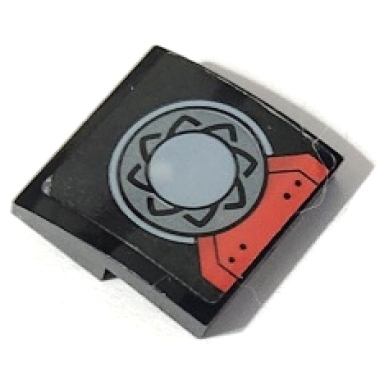 black slope curved 2 x 2 x 2 3 with red cape end with dots and dark bluish gray clasp with light bluish gray circle and border pattern sticker - set 76169