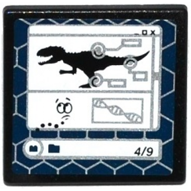 black road sign 2 x 2 square with open o clip with indominus rex silhouette dna double helix and 4 9 on computer screen pattern sticker - set 75919