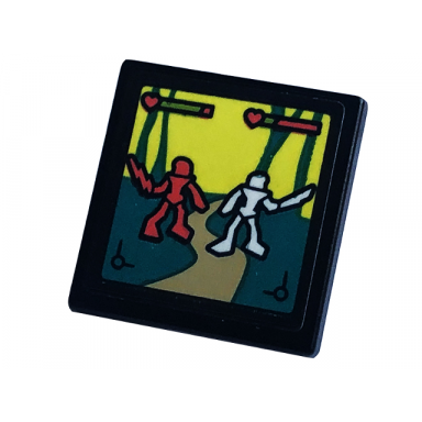 black road sign 2 x 2 square with open o clip with screen characters with swords and health bars in video game pattern sticker - set 41755