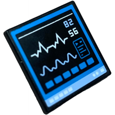 road sign 2 x 2 square with open o clip with hospital computer screen with dark azure border and buttons bright light blue 82 monitor wave and base white 56 and lines pattern