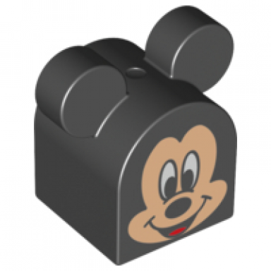 black duplo brick 2 x 2 x 2 curved top with rounded ears with mickey mouse pattern