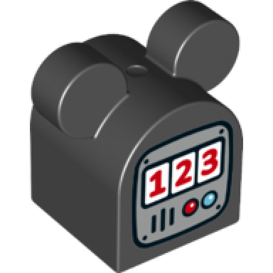 black duplo brick 2 x 2 x 2 curved top with rounded ears with gas fuel pump pattern