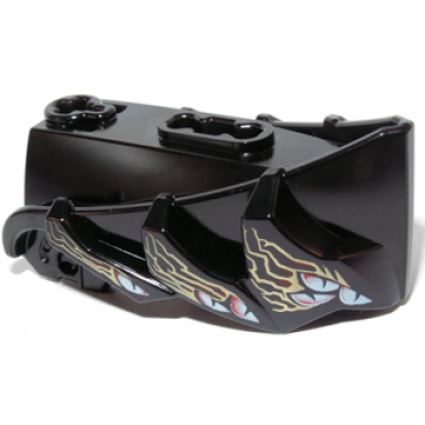 black hero factory creature head jaw with axle hole with 12 white and red eyes and gold markings pattern