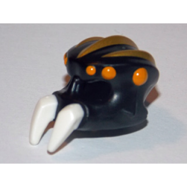 black minifigure headgear mask spider with molded white pincers and printed bright light orange spots and gold ridges pattern