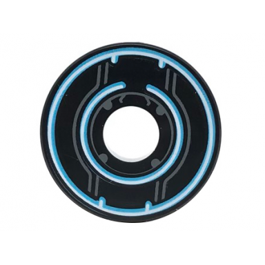 black tile round 2 x 2 with hole with white and dark azure circles dark bluish gray circuitry pattern