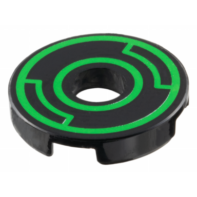 black tile round 2 x 2 with hole with bright green concentric circles with insets pattern