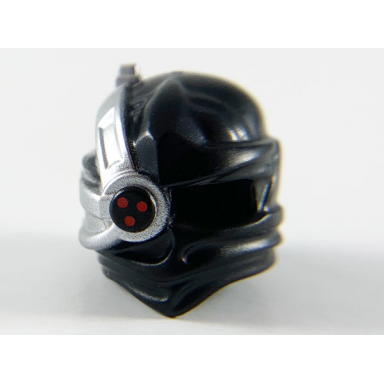 black minifigure headgear ninjago wrap with silver cyborg eyepiece with one red dot on bottom without silver outline pattern