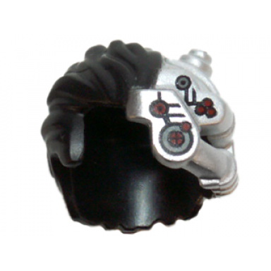 black minifigure hair short tousled with silver robot components and eyepiece pattern left side