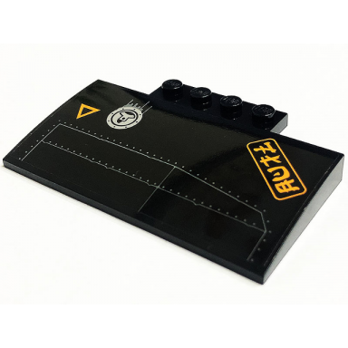 black slope curved 5 x 8 x 2 3 with 4 studs with orange triangle ninjago logogram floe fuel filler cap and plates pattern model right side sticker - set 71736
