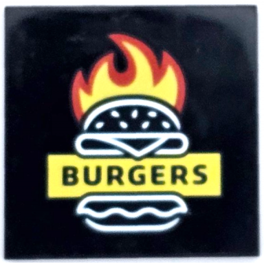 black tile 4 x 4 with red and yellow flames white burger outline and burgers pattern