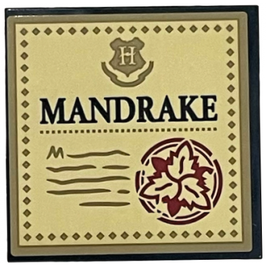 black tile 4 x 4 with black mandrake dark red plant dark tan hogwarts crest writing and border on tan background pattern sticker - set 76433