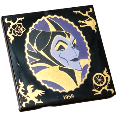 black tile 4 x 4 with lavender and dark purple maleficent portrait in scalloped oval frame with gold filigree 1959 rose dragon raven diablo and spinning wheel pattern