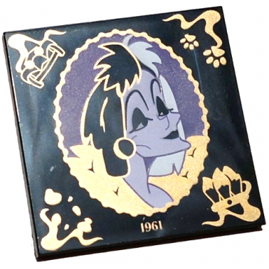 black tile 4 x 4 with lavender and dark purple cruella de vil portrait in scalloped oval frame with gold filigree 1961 panther de ville car dalmatian dog paws spots and tails handbag pattern