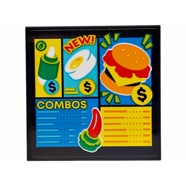 black tile 4 x 4 with menu with new! combos fried egg burger and dollar signs pattern sticker - set 77076