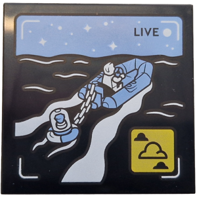 black tile 4 x 4 with live broadcast with bright light blue rubber raft and sky black sea white minifigure stars and waves yellow icon with clouds pattern