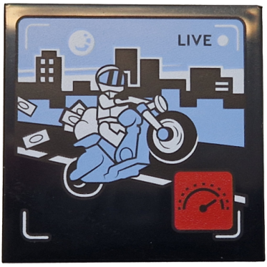 black tile 4 x 4 with live broadcast with bright light blue motorcycle and sky black road and skyliners white minifigure red icon with speedometer pattern