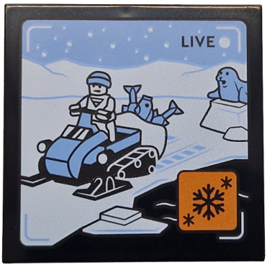 black tile 4 x 4 with live broadcast with bright light blue snowmobile fish seal and sky white ground and mountains orange icon with black snowflakes pattern