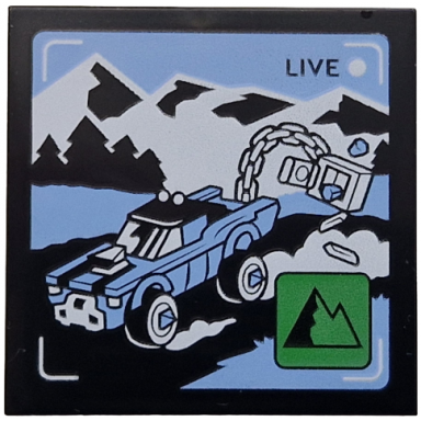 black tile 4 x 4 with live broadcast with bright light blue car and side road black and white mountains green icon with mountains pattern