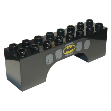 black duplo brick 2 x 8 x 2 arch with stonework and black bat on yellow background batman logo pattern
