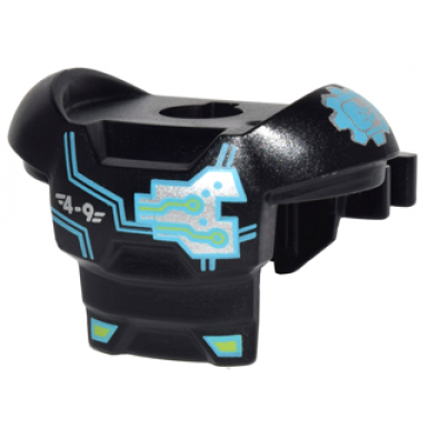 black minifigure armor space with shoulder protection and 2 clips with dark azure cyborg head 4-9 and silver circuitry pattern