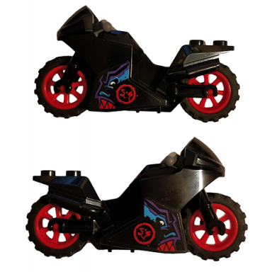 black motorcycle sport bike with black frame red wheels and dark bluish gray handlebars with red ninjago logogram ds circle dragon pattern on both sides stickers - set 70638