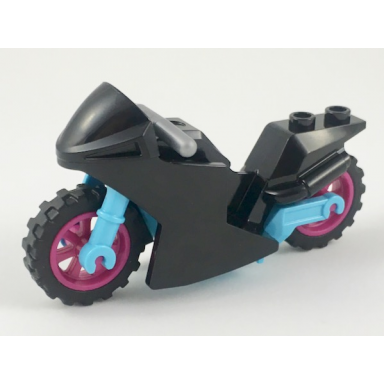 black motorcycle sport bike with medium azure frame magenta wheels and flat silver handlebars