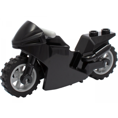 black motorcycle sport bike with black frame light bluish gray wheels and light bluish gray handlebars