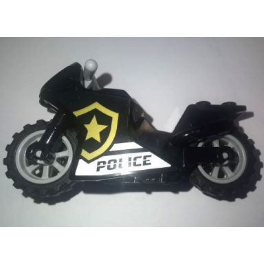 black motorcycle sport bike with black frame light bluish gray wheels and light bluish gray handlebars with police white stripes and gold star badge logo pattern on both sides stickers - set 60276