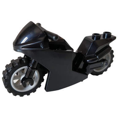 black motorcycle sport bike with black frame light bluish gray wheels and black handlebars
