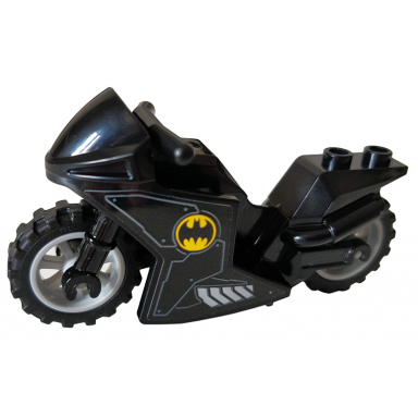 black motorcycle sport bike with black frame light bluish gray wheels and black handlebars with batman logo pattern on both sides stickers - set 76160