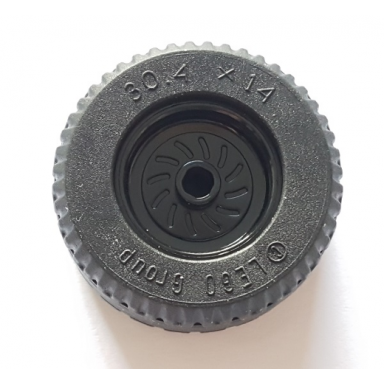 black wheel 18mm d x 12mm with axle hole and stud with black tire 30.4 x 14 solid 18976 58090