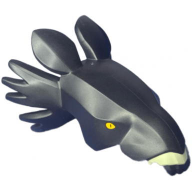 black creature head avatar thanator with bright light orange eyes and dark tan gum pattern