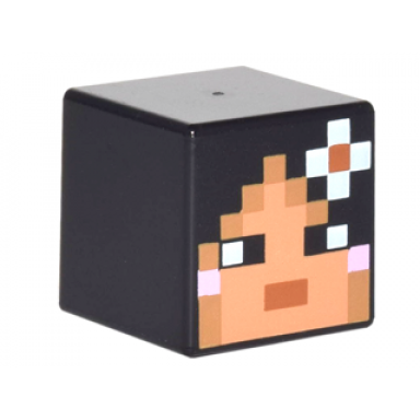 black minifigure head modified cube with pixelated nougat face dark orange mouth bright pink earrings and white flower in hair pattern minecraft skin