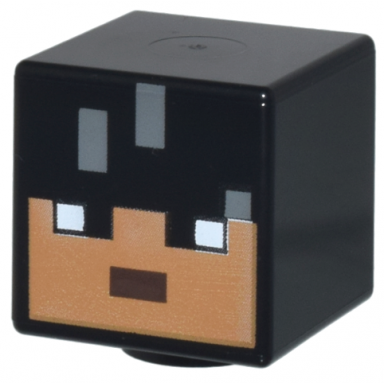 black minifigure head modified cube with pixelated medium nougat face dark brown mouth and dark bluish gray highlights pattern minecraft sunny