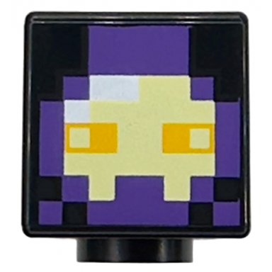 minifigure head modified cube with pixelated dark purple and bright light yellow mask white reflection and bright light orange eyes pattern minecraft realm raider