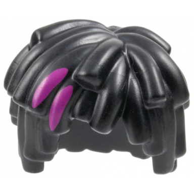 black minifigure hair short layered mop top with magenta streaks pattern