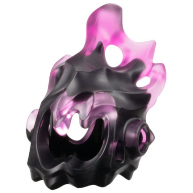 black minifigure headgear head cover flames large with side holes with marbled trans-dark pink pattern
