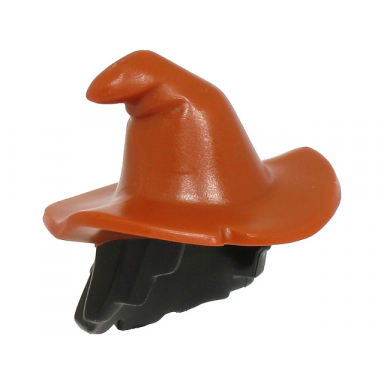 black minifigure hair combo hair with hat mid-length scraggly with molded dark orange floppy witch hat pattern