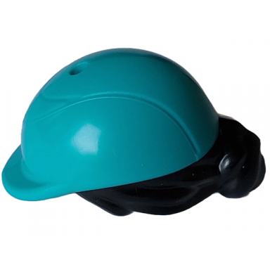 mini doll hair combo hair with hat bun and side bangs hole on top with molded dark turquoise horse riding helmet pattern