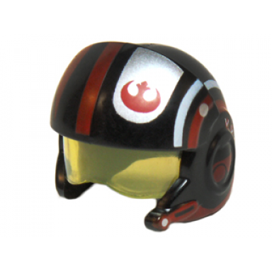 black minifigure headgear helmet sw rebel pilot raised front and microphone with trans-yellow visor with red and white stripes and rebel alliance symbol pattern